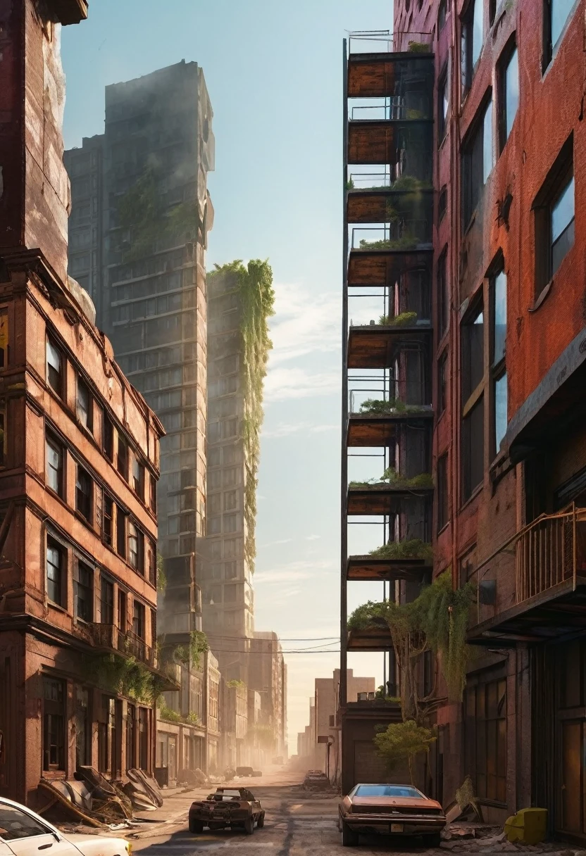image of the view from inside the balcony of a tall circular tower in the center of a post-apocalyptic North American megalopolis, view of the whole city, mist; Nuclear sunset, a cidade tem tons de cinza, has smoky structures, carros abandonados nas ruas, apocalipse, vegetation taking over the buildings, Estilo Madmax, uma garota linda e com roupas Estilo Madmax andando na rua ao longe, desert megalopolis, as realistic as possible, MAKE A CANINDO BUILDING IN A DIAGONAL IN THE MIDDLE OF THE STREET, THE BUILDING IS COLLAPSED AND FALLS BETWEEN TWO BUILDINGS, THE TOP IS PROPOSED ON ANOTHER BUILDING ON THE OTHER SIDE OF THE STREET, as detailed as possible