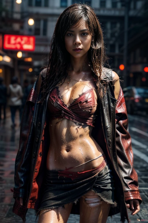 マーベル・コミック映画のposter, very beautiful, movies about spiderman, sexy, whole body, I'm wearing a skirt、premiere date, poster、belly buttonを突き出す、new york、she's wearing a torn spiderman suit,the suit is torn、wearing a skirt、 red and black color scheme,dynamic、masterpiece、highest quality、super detailed、very detailed、Detailed beautiful shine、超A high resolution、cinematic,tear,teardrop,(torn clothes:1.5), (wet clothes:1.4), bare shoulders,real rain,wet hair,belly button、exposing skin、sexyな肩を見せてる