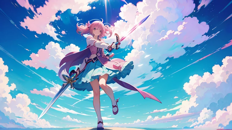 Anime character holding a magical sword and cutting the Clouds in a cyan, pink and purple wallpaper 