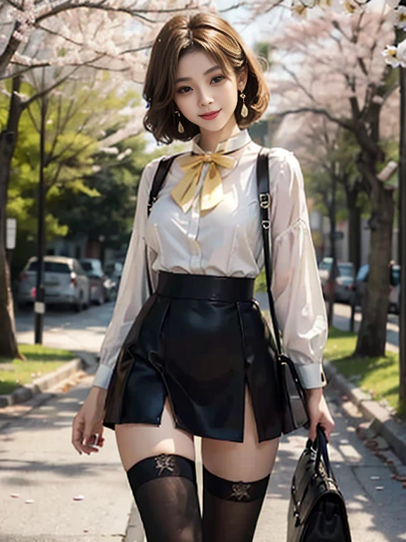 ((whole body)), ((from below)), ((walking in the park)), ((realistic)), 1 girl, looking at viewer, detailed scene, Curly hair, air bang, beautiful hair accessories, Short yellow hair with a brown tint, ((white colored blouse, short black tight skirt, neck bow tie, high heel)), (Campus Style), warm lighting, warm color palette, More details, very detailed, (masterpiece, best quality), (Very detailed and beautiful work), delicate earrings, delicate necklace, simple blurred background, extreme detail description, Ultra-fine painting, delicate face, slim body, (smile, tooth exposure), (anatomy correct), tight dress, cherry blossom road with river, Walking figure, stockings