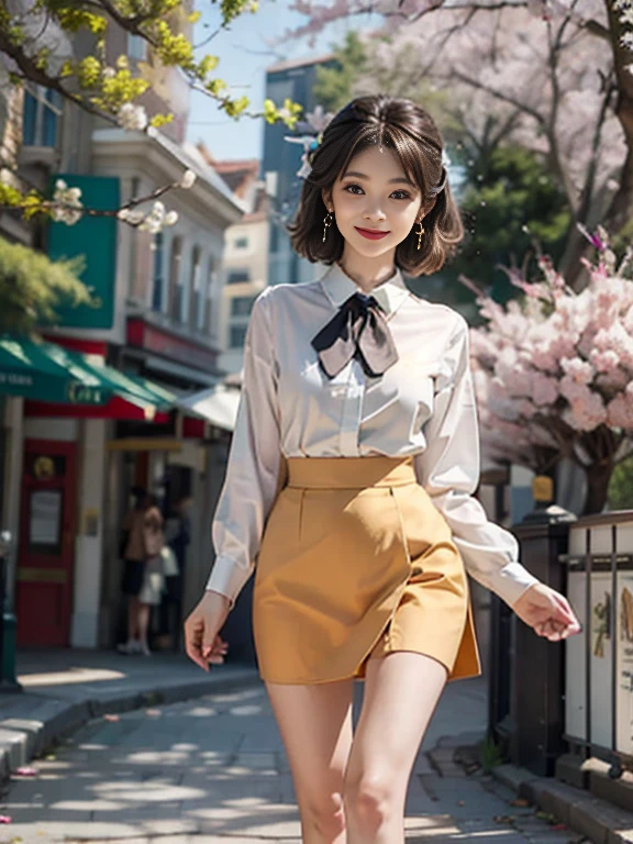 ((whole body)), ((from below)), ((walking in the park)), ((realistic)), 1 girl, looking at viewer, detailed scene, Curly hair, air bang, beautiful hair accessories, Short yellow hair with a brown tint, ((white colored blouse, short black tight skirt, neck bow tie, high heel)), (Campus Style), warm lighting, warm color palette, More details, very detailed, (masterpiece, best quality), (Very detailed and beautiful work), delicate earrings, delicate necklace, simple blurred background, extreme detail description, Ultra-fine painting, delicate face, slim body, (smile, tooth exposure), (anatomy correct), tight dress, cherry blossom road with river, Walking figure, stockings