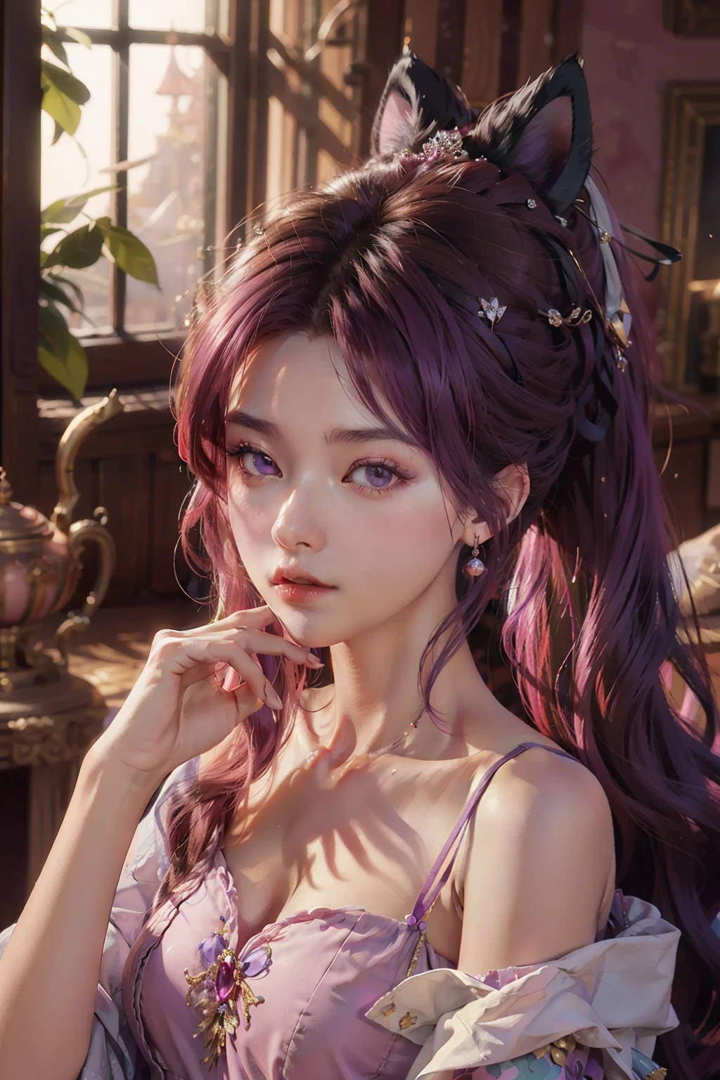 ((best quality)), ((masterpiece)), (detailed), perfect face, pretty face, beautiful face, teenager female, beautiful body, magenta hair, straight hair, ponytail, amethyst crown, shiny purple dress, royal mistress dress, wear a pair of cat ear,