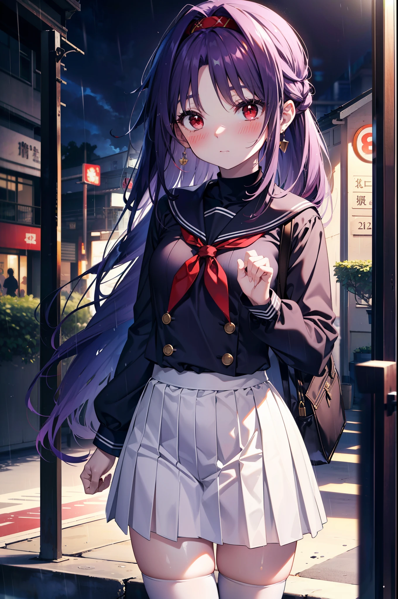 yuukikonno, Yuki Konno, hair band, long hair, pointed ears, purple hair,blush, embarrassing,(red eyes:1.5), (small breasts:1.2),high school girl uniform(purple sailor suit),Purple pleated skirt,white tights,brown loafers,rain,cloudy,umbrella,
break looking at viewer, Upper body, full body,
break outdoors, In town,building street,
break (masterpiece:1.2), highest quality, High resolution, unity 8k wallpaper, (figure:0.8), (detailed and beautiful eyes:1.6), highly detailed face, perfect lighting, Very detailed CG, (perfect hands, perfect anatomy),