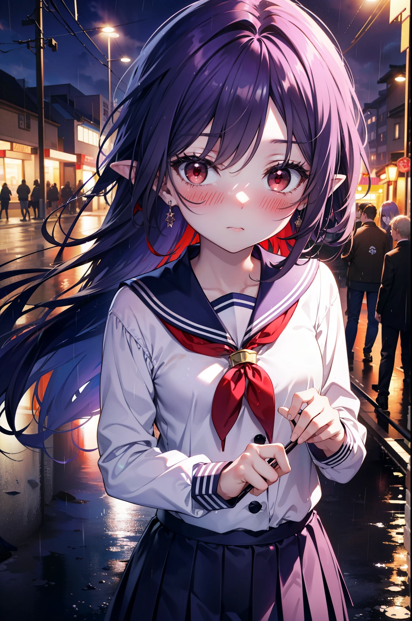yuukikonno, Yuki Konno, hair band, long hair, pointed ears, purple hair,blush, embarrassing,(red eyes:1.5), (small breasts:1.2),high school girl uniform(purple sailor suit),Purple pleated skirt,white tights,brown loafers,rain,cloudy,umbrella,
break looking at viewer, Upper body, full body,
break outdoors, In town,building street,
break (masterpiece:1.2), highest quality, High resolution, unity 8k wallpaper, (figure:0.8), (detailed and beautiful eyes:1.6), highly detailed face, perfect lighting, Very detailed CG, (perfect hands, perfect anatomy),