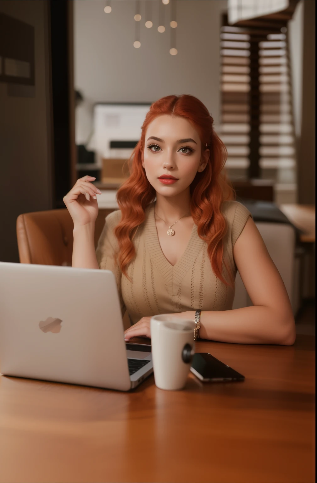 Beautiful girl with red hair, Girl in the office,Woman sitting at the table, chic wavy hair, Lighting on the left, realism, Hand on the table, business photo, Gorgeous girl, Red lips, beautiful make-up, Girl in the office сидит за столом, On the table is a laptop, Girl looking at the camera