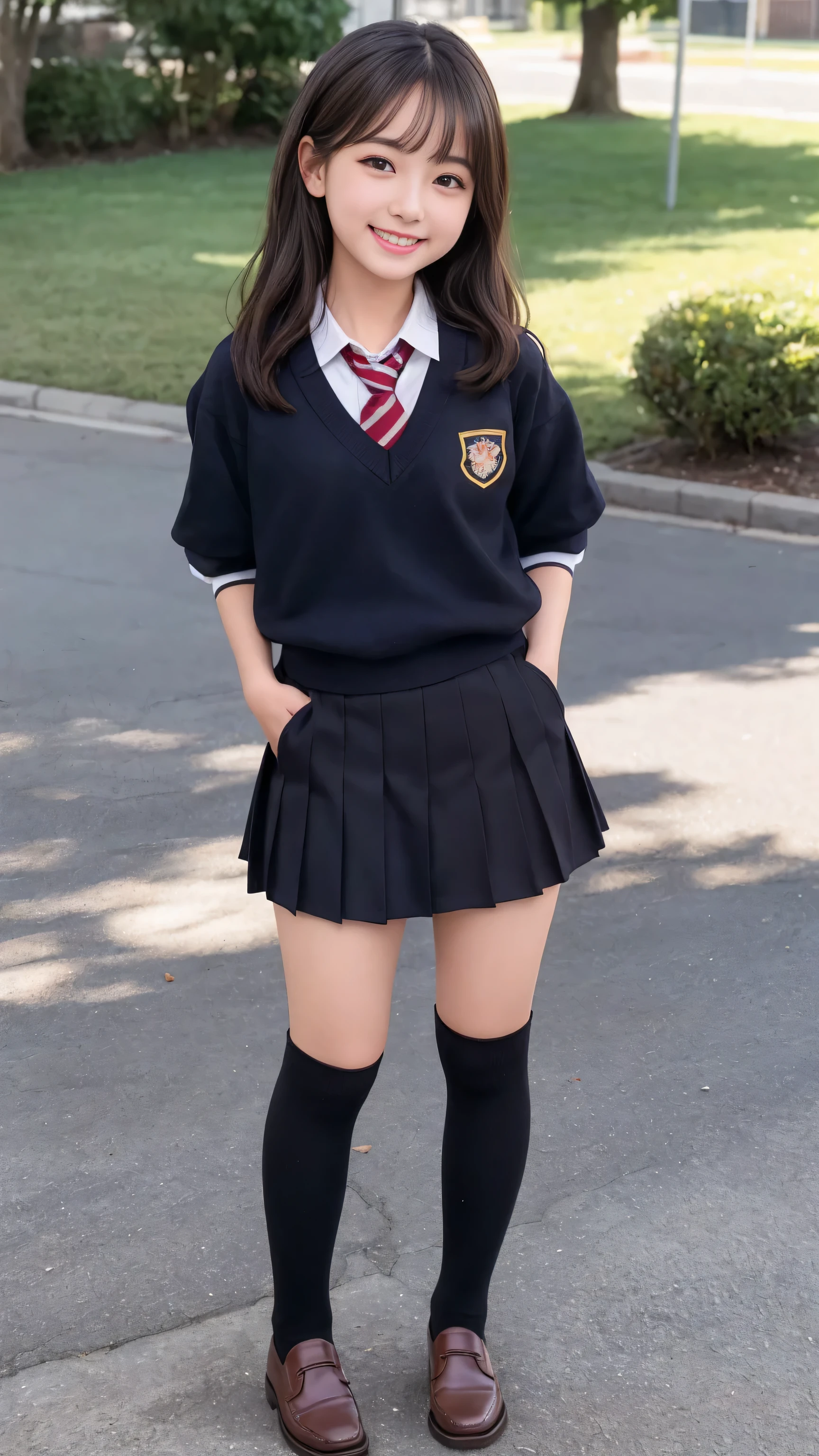 ((full body shot))、realistic,photorealistic,Super detailed,perfect shading,shiny skin,Big eyes、long eyelashes、Neat and clean hairstyle、smile、open your mouth、school life,,girl,light smile,schoolyard、inner thigh、spread legs、black knee high socks、brown loafers、standing alone、random pose