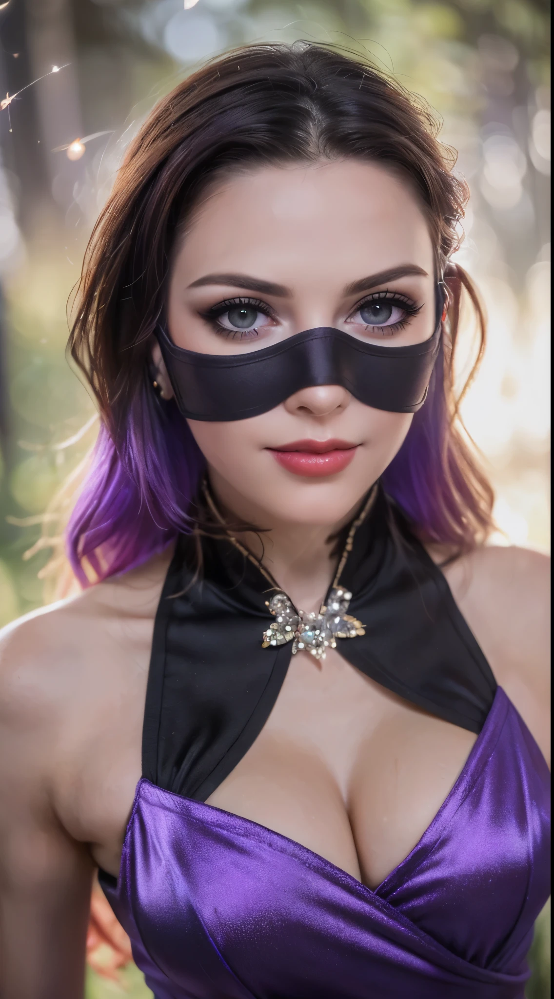 1 beautiful and sexy 20 year old girl., ((with a super purple dress:1.6)), ((un vestido con diamantes:1.7)), ((pelo largo morado:1.6)), joyas elaboradamente hechas de piedras preciosas y cabello hermoso, ((A thin red silk scarf covers half the face:1.5)), (((Wearing a thin light purple silk mask:1.5))), El noble, estilo noble de una chica extremadamente hermosa, su carita es super linda, su cara es muy bonita, Cejas finas, cara hermosa e impecable, ((pupilas de ojos morados: 0.8)), Ojos muy hermosos, ((ojos morados: 1.6)), (((grandes ojos redondos:1.6))), Nice makeup and detailed eyelashes in hair., maquillaje de ojos humeante, Nariz alta, pendientes, labios rojos, ((boca cerrada: 1.5)) Hermosos labios, manos delgadas, most beautiful thighs, ((brazos extendidos a los lados: 1.5)), cara sonrosada, cara hermosa e impecable, piel blanca y suave, (pechos grandes: 1.5)), ((pechos altos: 1.6)), pechos apretados, hermoso escote, (((pechos grandes and super round: 1.8))), ((super pechos apretados: 1.7)) , Hermosos pechos, Cuerpo perfecto, brazos traseros, Pecho afuera, ((medias finas de malla negra con ribete de encaje negro:1.5)), ((Sitting position with chest up and arms back.: 1.6)), ((abre tus piernas:1.2)), Don't be shy, foto 8k, super alta calidad, super realistic, super 10x pixels, Optician, estudio luminoso, bordes brillantes, dual-tone Encendiendo, (piel con alto detalle:1.2), super 8k, soft Encendiendo, alta calidad, volumetric Encendiendo, Fotorrealista, Fotorrealista high resolution, Encendiendo, Mejor foto, 4k, Calidad 8K, Efecto de desenfoque, suave y afilado, 10 x pixels, ((Night beach and fireflies background.:1.5)), Aurora, Lightning, super realistic graphics, More realistic graphics, 1 chica, alone, solo, Extremely sharp image, surreal, (((retrato frontal: 1.5)))."