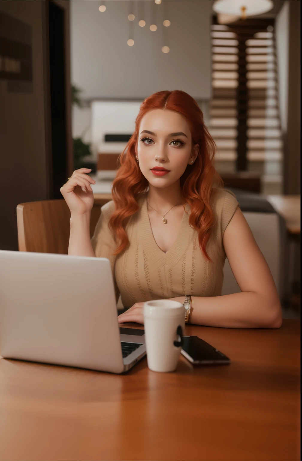 Beautiful girl with red hair, Girl in the office,Woman sitting at the table, chic wavy hair, Lighting on the left, realism, Hand on the table, business photo, Gorgeous girl, Red lips, beautiful make-up, Girl in the office сидит за столом, On the table is a laptop, Girl looking at the camera