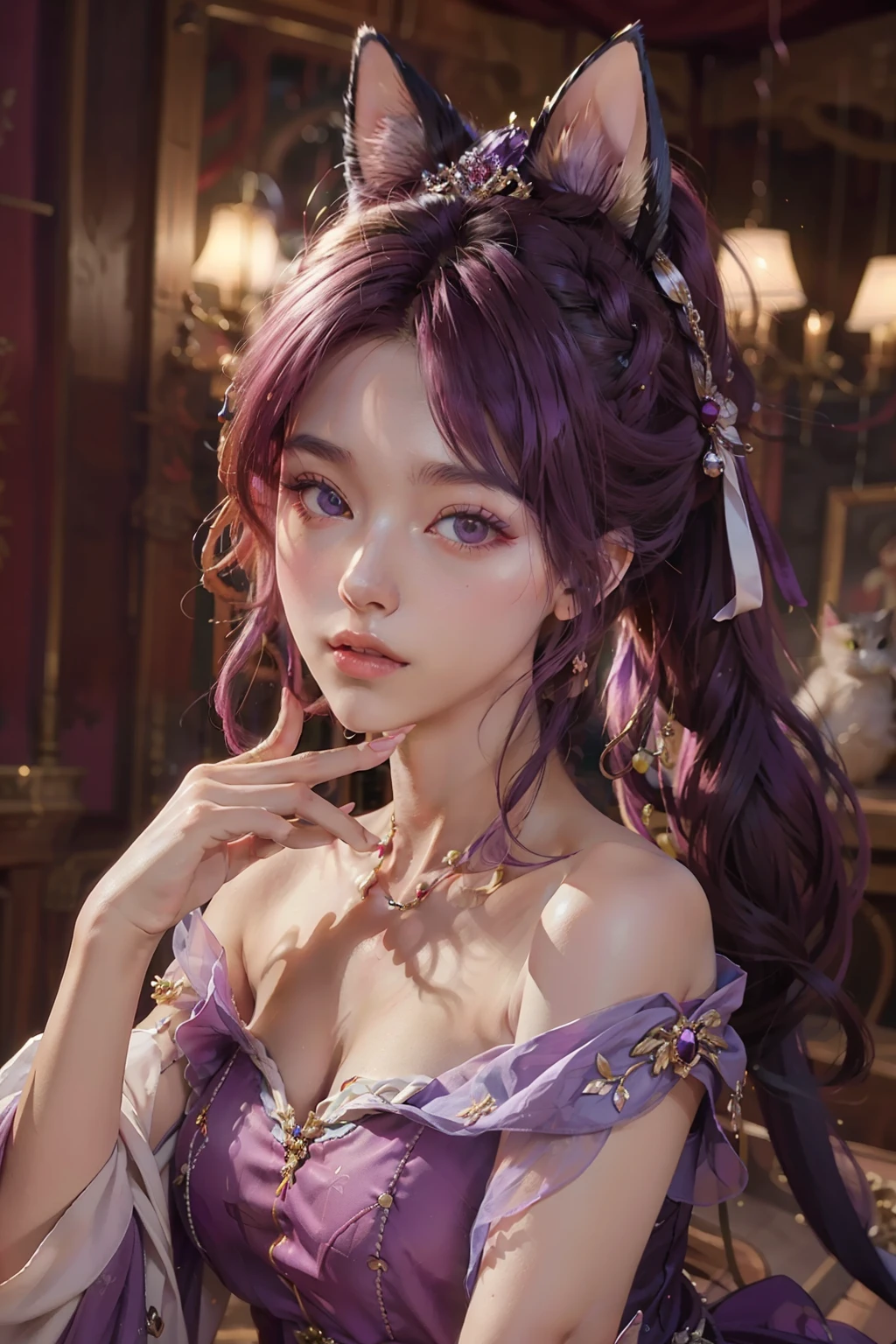 ((best quality)), ((masterpiece)), (detailed), perfect face, pretty face, beautiful face, teenager female, beautiful body, magenta hair, straight hair, ponytail, amethyst crown,  shiny purple dress, royal mistress dress, wear a pair of cat ear, 