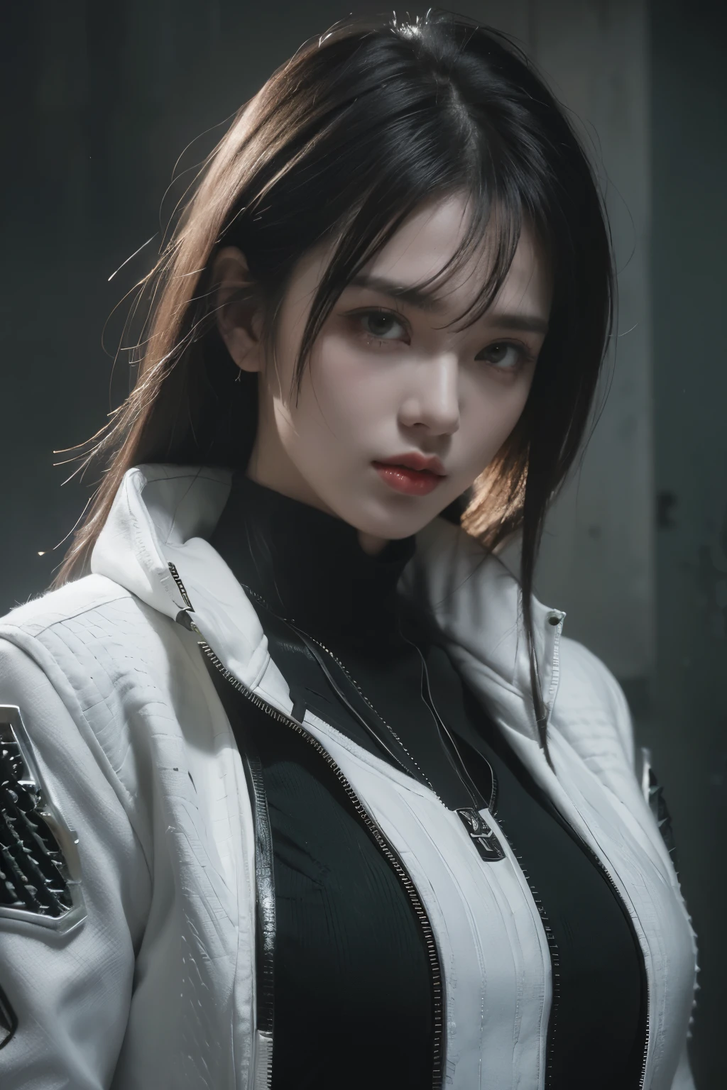 tmasterpiece,Best quality,A high resolution,8K,(Portrait photograph:1.5),(ROriginal photo),real photograph,digital photography,(Combination of cyberpunk and fantasy style),(Female soldier),20 year old girl,random hair style,By bangs,(Red eyeigchest, accessories,Redlip,(He frowned,Sneer),(Cyberpunk combined with fantasy style clothing,Openwork design,joint armor,police uniforms,White jacket,Green),exposing your navel,Photo pose,Realisticstyle,Thunder and lightning on rainy day,(Thunder magic),oc render reflection texture