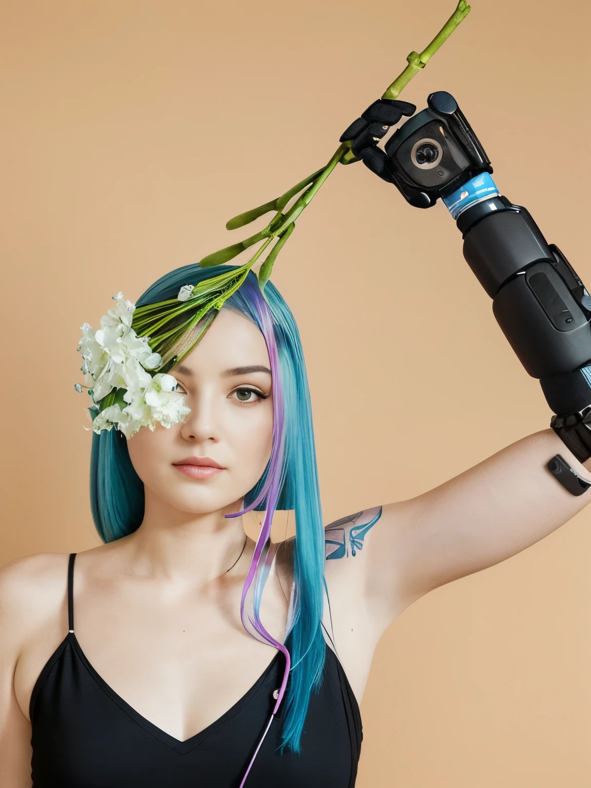 Aalfid woman,blue hair,粉色和blue hair,holding a flower in hand, Kind girl with flowers, White arms and eyes, prosthetic limb, prosthesis, wearing bionic implants, wearing epic bionic implants, With robotic arm, cyberpunk flowerpunk, bionics, Left Arm, robotic prosthesis, robotic prosthetic limb, prosthesis, bionic implants
