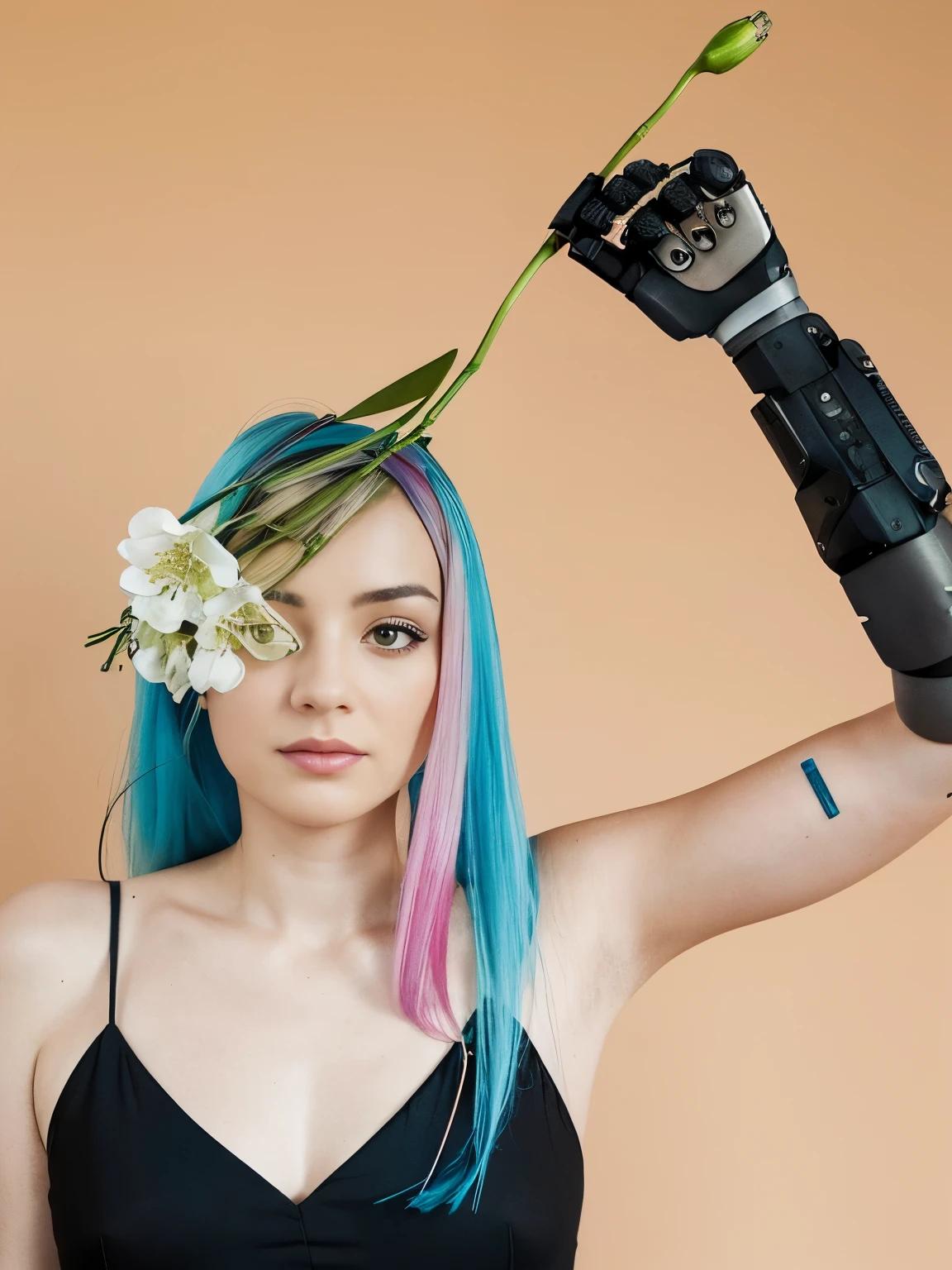 Aalfid woman,blue hair,粉色和blue hair,holding a flower in hand, Kind girl with flowers, White arms and eyes, prosthetic limb, prosthesis, wearing bionic implants, wearing epic bionic implants, With robotic arm, cyberpunk flowerpunk, bionics, Left Arm, robotic prosthesis, robotic prosthetic limb, prosthesis, bionic implants