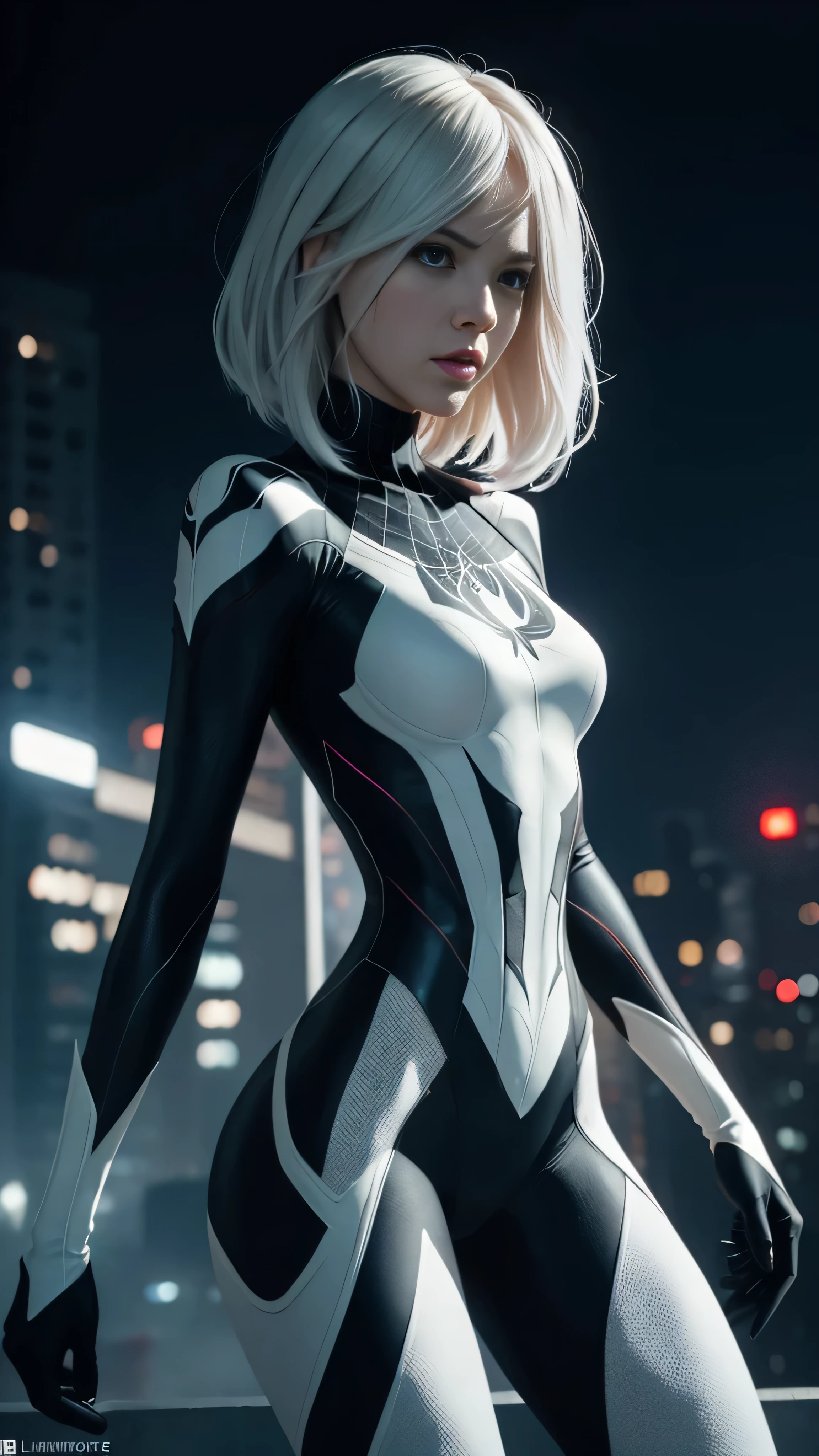 Spider Gwen wearing a black suit with a spider in the center of her chest in white., organic looking suit, frente pegajosa, simbionte, ojos blancos, arte fino, ps5 cinematic screenshot,very detailed cinematic rendering, raytricing ultra fotorrealista, with cinematic lighting