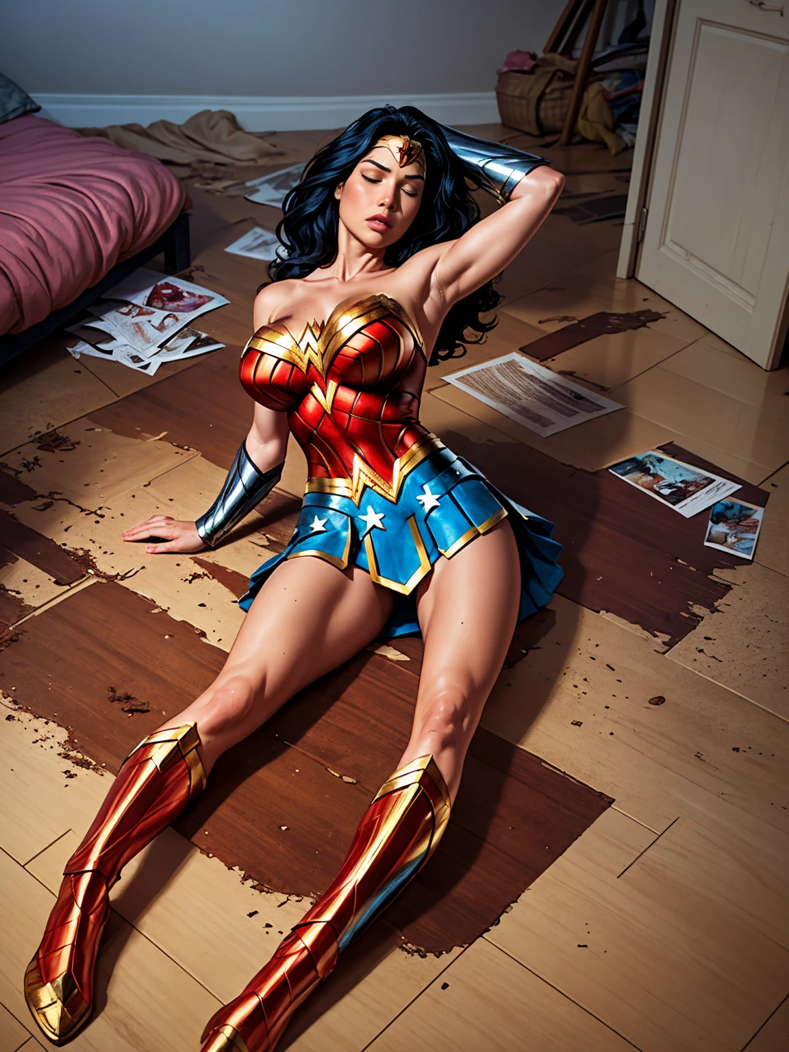 1girl, (wonder woman) , blue skirt, big breast, lay on the floor, sleeping, knocked out, arm up, (abandoned room, dusty, creepy room, dirty floor), comic style, 