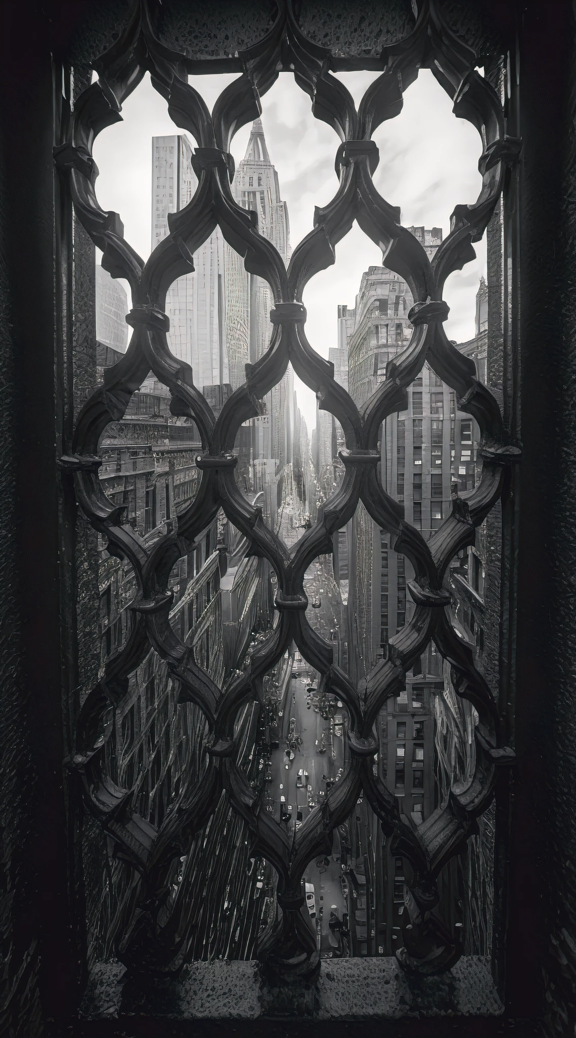 (best quality,4k,8k,highres,masterpiece:1.2),ultra-detailed,(realistic,photorealistic,photo-realistic:1.37),photography noir style thru a Grate, New York buildings in the back, black and white photo