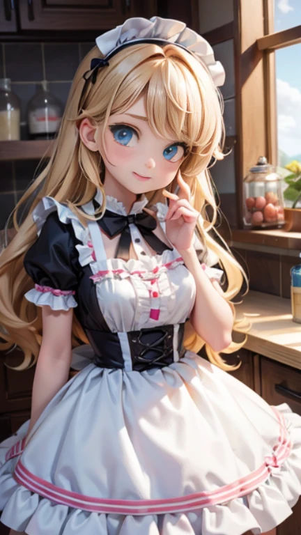 pastry chef、Candy Fairy、Western sweets、kitchen、frilly apron、mini skirt、Puffy skirt、dynamic angle,Super detailed, 1 girl, ((Delicious looking colouring、retro,ta fashion、Fluffy semi-long)),tied hair、,(shining eyes:1.233),(beautiful and detailed eyes:1.1),(smile),(whisk),cream、fruits、dream-like world [[delicate fingers and hands:0.55]::0.85],(finger details),