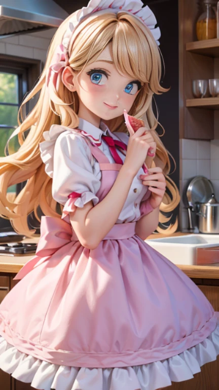 pastry chef、Candy Fairy、Western sweets、kitchen、frilly apron、mini skirt、Puffy skirt、dynamic angle,Super detailed, 1 girl, ((Delicious looking colouring、retro,ta fashion、Fluffy semi-long)),tied hair、,(shining eyes:1.233),(beautiful and detailed eyes:1.1),(smile),(whisk),cream、fruits、dream-like world [[delicate fingers and hands:0.55]::0.85],(finger details),
