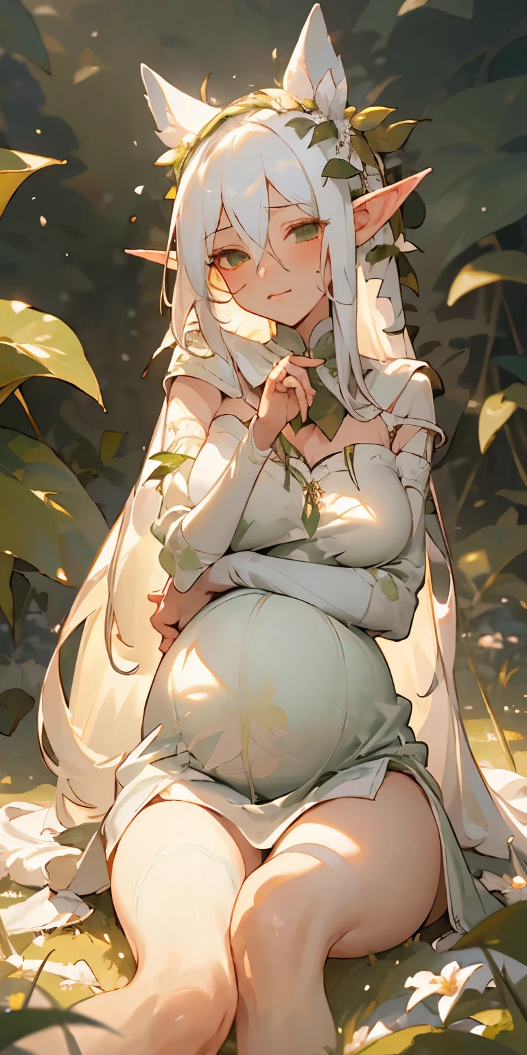 the elf,(White hair),pointy ears,Crucifer-shaped pupil,Leaf underwear,Cloak of leaves,simplebackground,themoon,The breath of life,green color,grassy fields,The Giant Tree of Life,A breath of green life,Gentle and powerful divinity,Wife-like feeling,Poor milk,5 months pregnant,pregnant women with