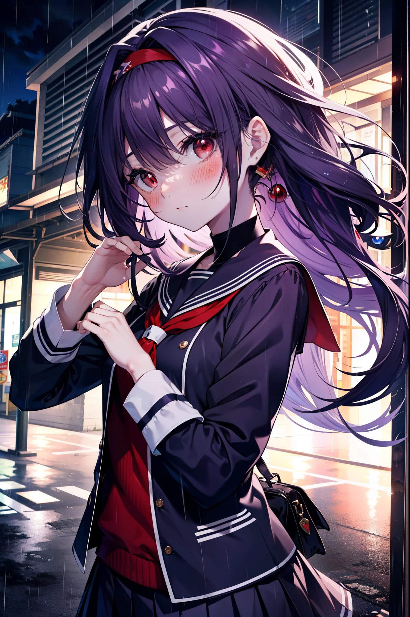 yuukikonno, Yuki Konno, hair band, long hair, pointed ears, purple hair,blush, embarrassing,(red eyes:1.5), (small breasts:1.2),high school girl uniform(purple sailor suit),Purple pleated skirt,white tights,brown loafers,rain,cloudy,umbrella,
break looking at viewer, Upper body, full body,
break outdoors, In town,building street,
break (masterpiece:1.2), highest quality, High resolution, unity 8k wallpaper, (figure:0.8), (detailed and beautiful eyes:1.6), highly detailed face, perfect lighting, Very detailed CG, (perfect hands, perfect anatomy),