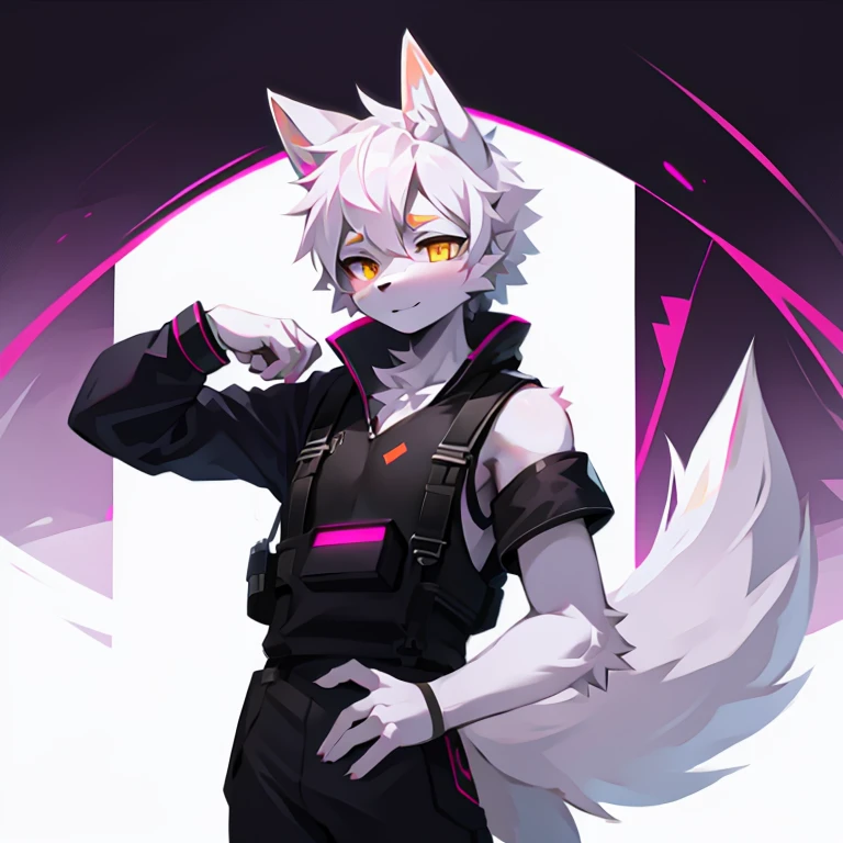 cyber punk perssonage，epcot，Tech style，solo person，White body，White ears，White hair，Overall white，Orange-yellow eyes，Wolf tail，Wolf orcs，Young，Wear a short-sleeved shirt，Ultra-clear screen，Soft lines