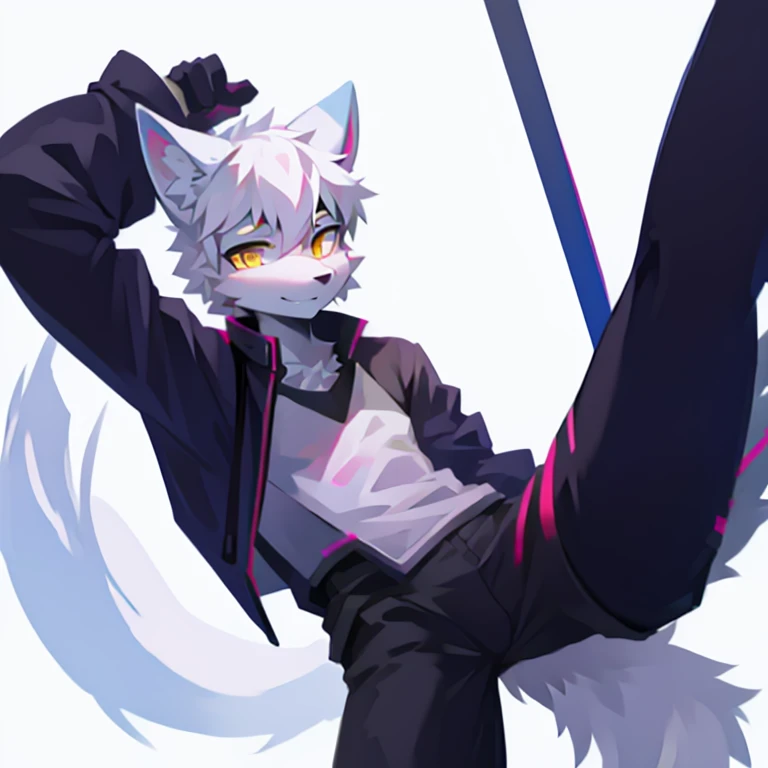 cyber punk perssonage,epcot,Tech style,solo person,White body,White ears,White hair,Overall white,Orange-yellow eyes,Wolf tail,Wolf orcs,Young,Wear a short-sleeved shirt,Ultra-clear screen,Soft lines