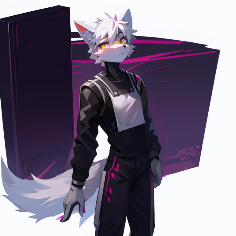 cyber punk perssonage,epcot,Tech style,solo person,White body,White ears,White hair,Overall white,Orange-yellow eyes,Wolf tail,Wolf orcs,Young,Wear a short-sleeved shirt,Ultra-clear screen,Soft lines