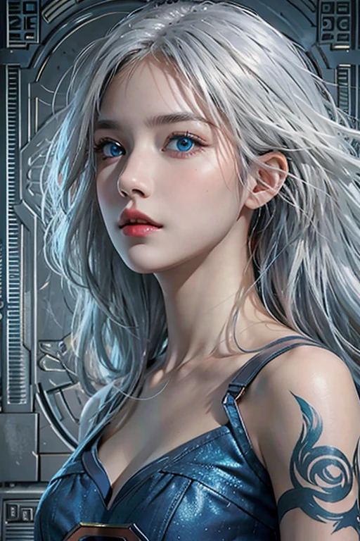 realistic, high resolution, 1 woman, alone, hips up,have blue eyes, look at the viewer., (detailed face), has blue eyes,white hair, Supergirl costume, tattoo, decorate