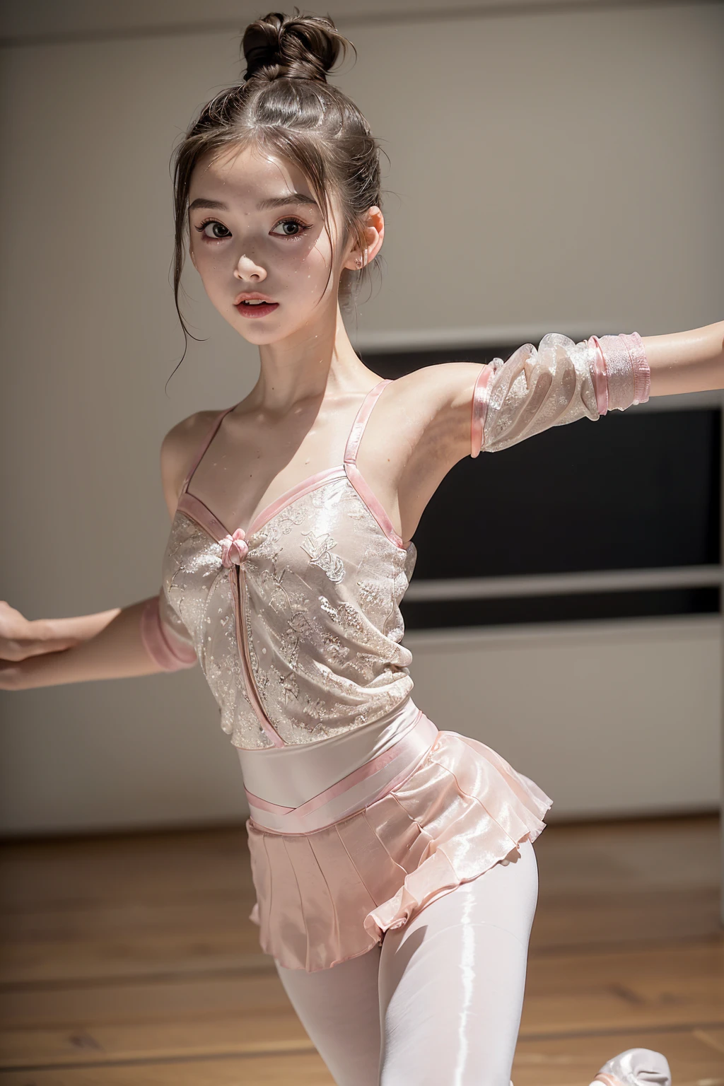 ((Photography of a beautiful **** woman)),(hyper detailed:1.5), masterpiece, 8 K, photorealistic, realistic skin, full body,(ballerina:1.5),(mini skirt), full body, (dynamic pose:1.5), (hair bun,top knot:1.5),  (realistic skin), (in studio),ballet bar,(sweaty skin:1.3),don't look camera,back view,muscle,little smile,raise her leg,little open mouth