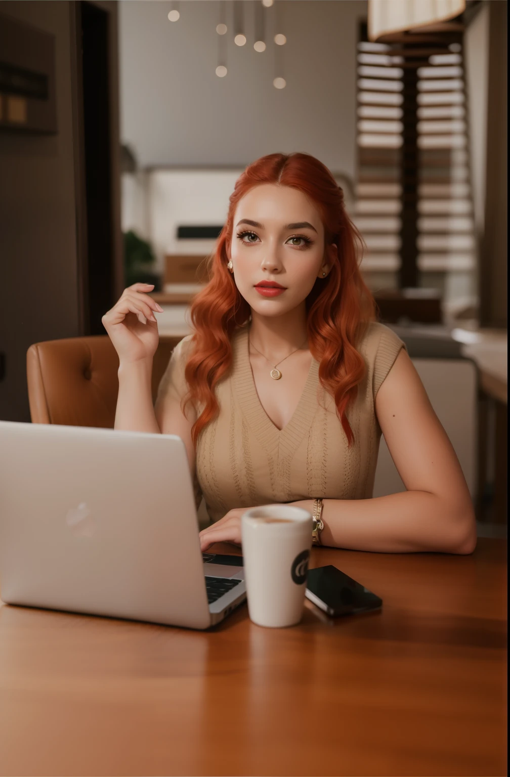 Beautiful girl with red hair, Girl in the office,Woman sitting at the table, chic wavy hair, Lighting on the left, realism, Hand on the table, business photo, Gorgeous girl, Red lips, beautiful make-up, Girl in the office сидит за столом, On the table is a laptop, Girl looking at the camera