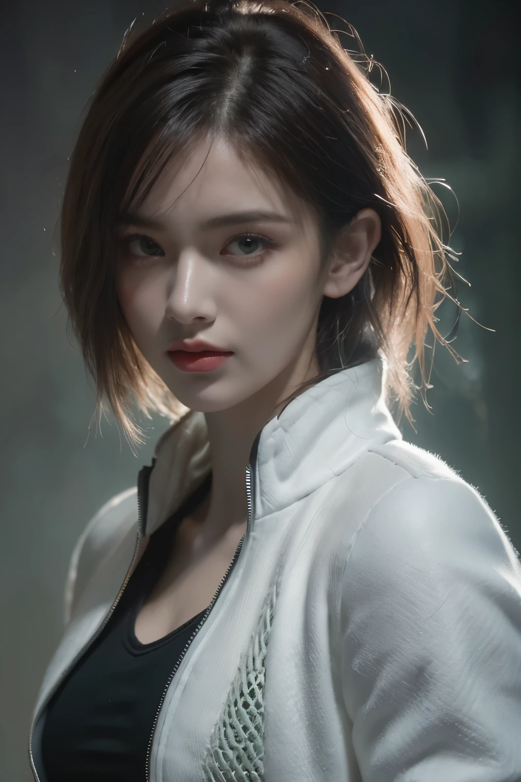 tmasterpiece,Best quality,A high resolution,8K,(Portrait photograph:1.5),(ROriginal photo),real photograph,digital photography,(Combination of cyberpunk and fantasy style),(Female soldier),20 year old girl,random hair style,By bangs,(Red eyeigchest, accessories,Redlip,(He frowned,Sneer),(Cyberpunk combined with fantasy style clothing,Openwork design,joint armor,police uniforms,White jacket,Green),exposing your navel,Photo pose,Realisticstyle,Thunder and lightning on rainy day,(Thunder magic),oc render reflection texture