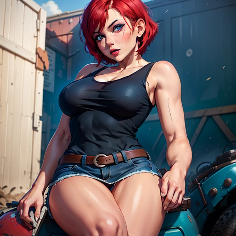 young woman, riley nixon haircut, shaved hair, red hair, very short hair, bald, blue tank t-shirt shirt, riley nixon haircut, lipstick, in junkyard, Looking at the viewer, 4k