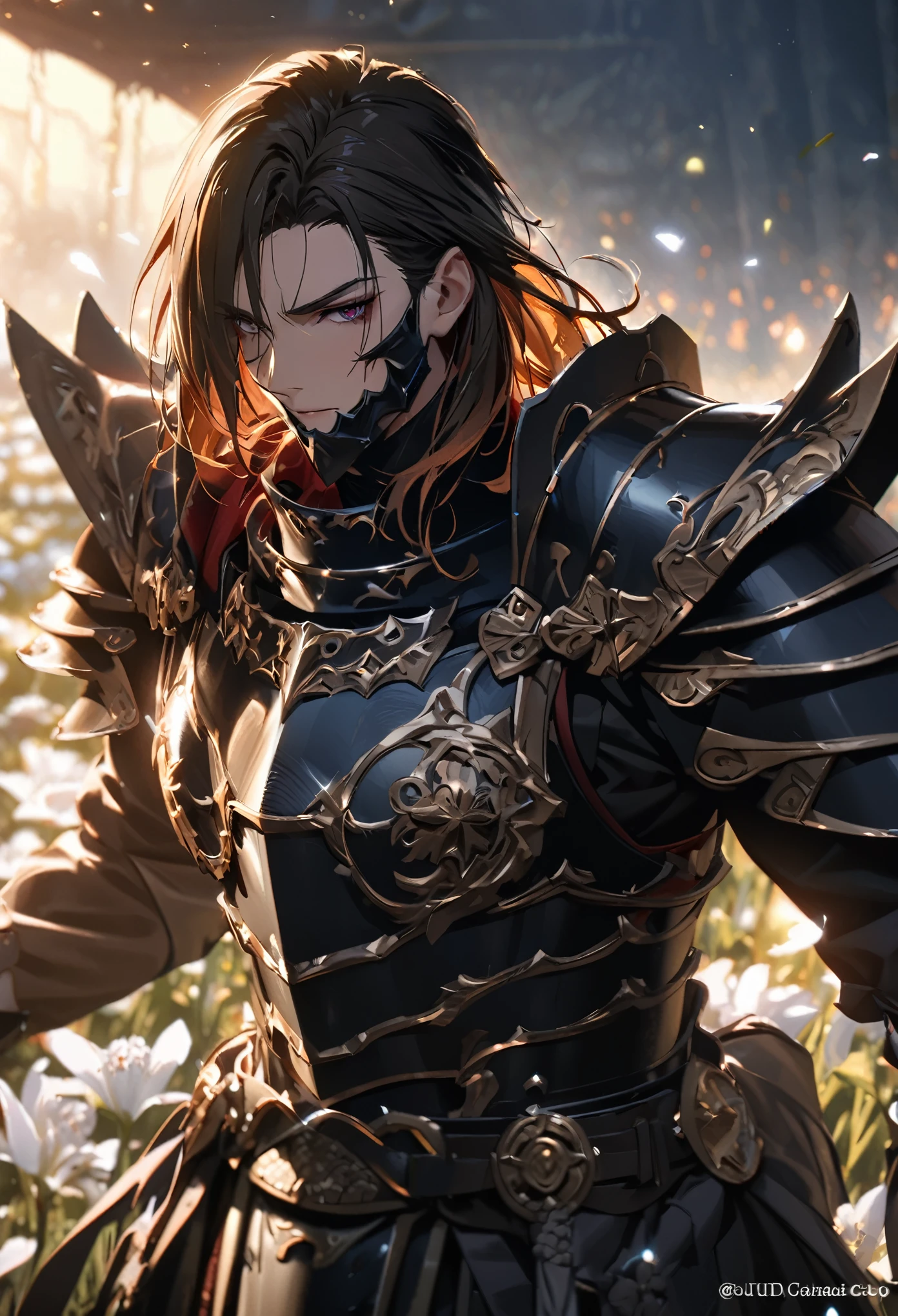((solo)), (man), tired face, garnet eyes, (ginger hair), medium hair, straight hair, (mature), (adult), wielding a large katana, a close up of a person with a large katana in a desolate land surrounded by demons and monsters, in a wheat field, lilies, detailed key anime art, casimir art, masamune shiro, masamune, ((handsome)), handsome guy in demon slayer art, heise jinyao, shadowverse style, (no logos), flower field, (detailed samurai armor), eye reflection, shiny hair, depth of field, cinematic lighting, ray tracing, depth of field, cinematic lighting, ray tracing, UHD, high details, best quality, highres, high quality, award winning, super detail, masterpiece, 8k, UHD, high details, best quality, highres, high quality, award winning, super detail, masterpiece, 8k