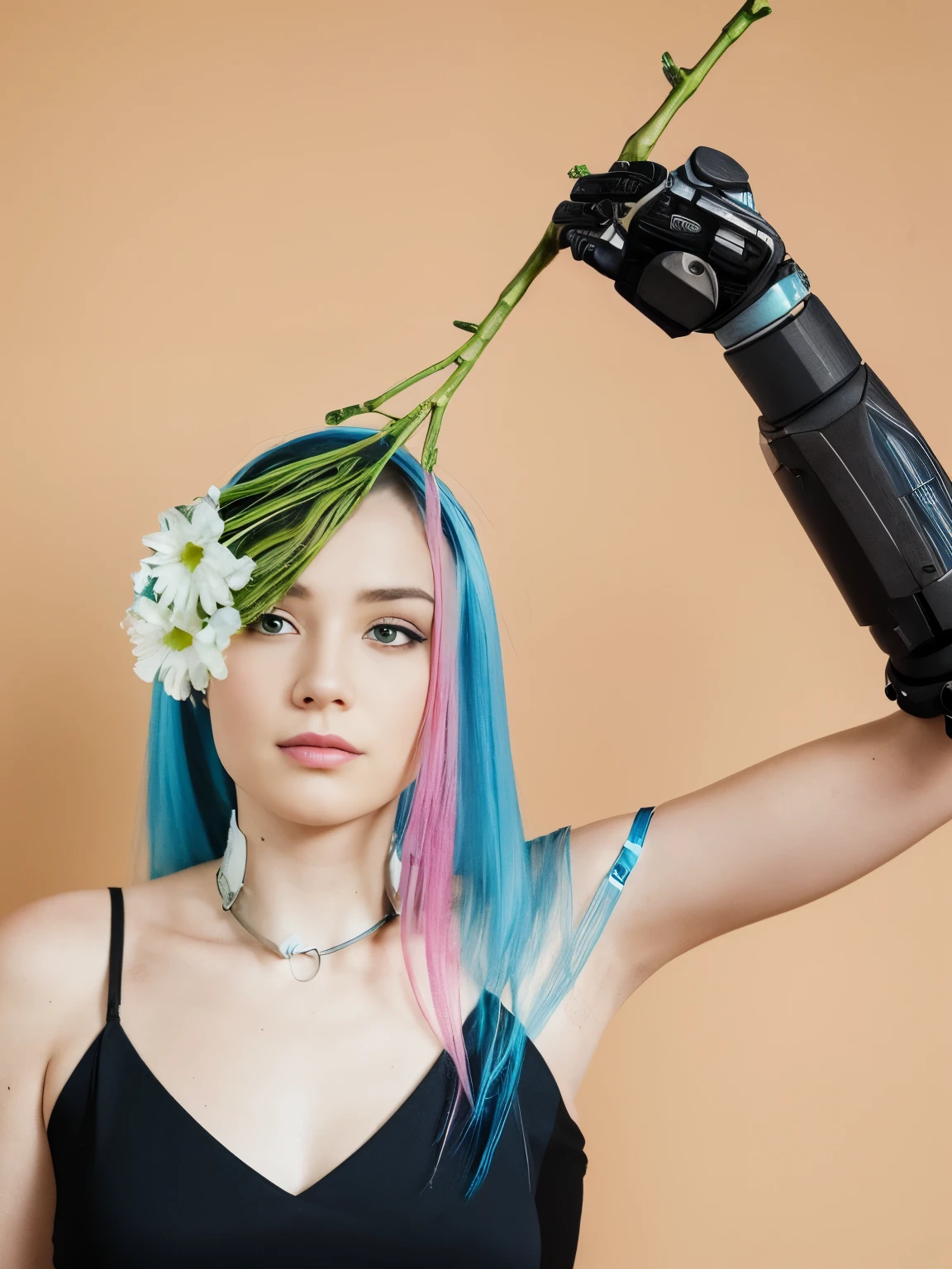 Aalfid woman,blue hair,粉色和blue hair,holding a flower in hand, Kind girl with flowers, White arms and eyes, prosthetic limb, prosthesis, wearing bionic implants, wearing epic bionic implants, With robotic arm, cyberpunk flowerpunk, bionics, Left Arm, robotic prosthesis, robotic prosthetic limb, prosthesis, bionic implants
