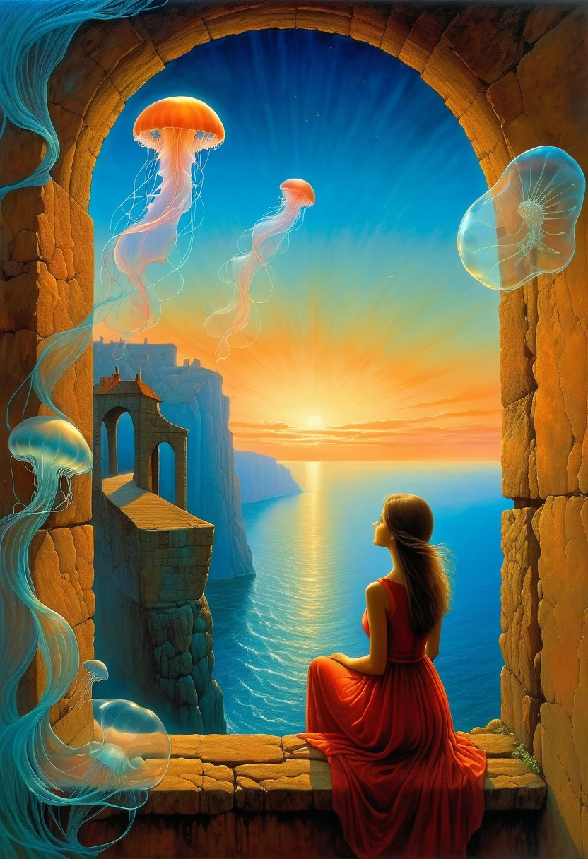 The scenery outside the window,Looking out from the window,Girl looking into the distance at the window,The Faceless Stone Woman on the Bridge,Handheld Light,Background with jellyfish, With the sky as a background, Brome's Art, Magic artwork, super fine, Fantasy Art Surrealism Beksinski