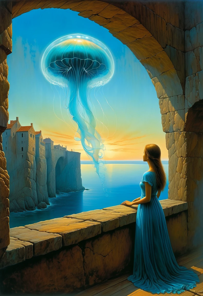 The scenery outside the window，Looking out from the window，Girl looking into the distance at the window，The Faceless Stone Woman on the Bridge，Handheld Light，Background with jellyfish, With the sky as a background, Brome&#39;s Art, Magic  artwork, super fine, Fantasy Art Surrealism Beksinski