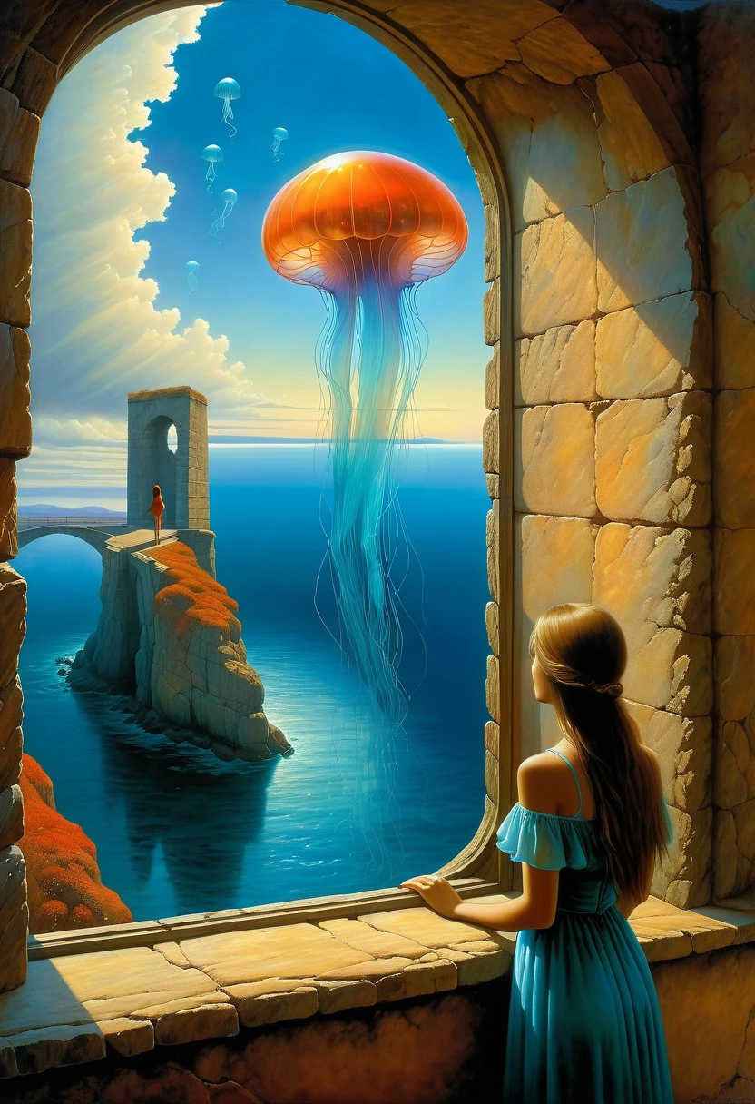 The scenery outside the window，Looking out from the window，Girl looking into the distance at the window，The Faceless Stone Woman on the Bridge，Handheld Light，Background with jellyfish, With the sky as a background, Brome&#39;s Art, Magic  artwork, super fine, Fantasy Art Surrealism Beksinski
