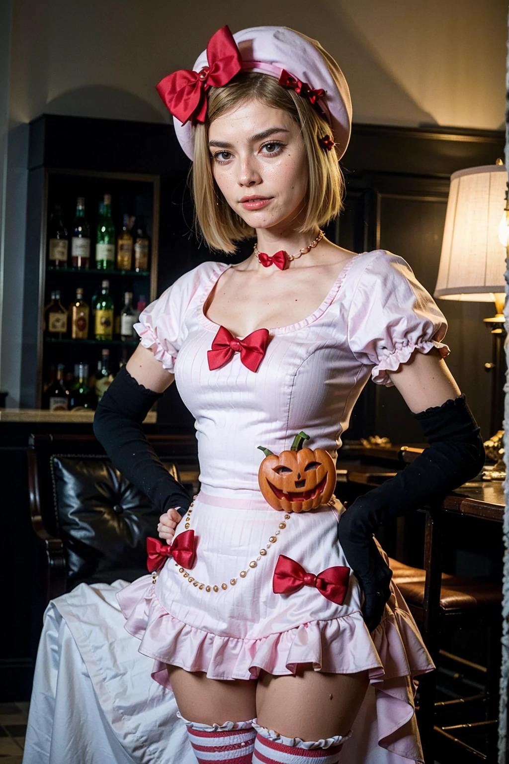 (1 lady), The beautiful, (Best quality at best:1.4), (ultra - detailed), (extremely detailed CG unified 16k), gold blonde hair, very detailed, High-definition RAW color photo, professional photoshooting, amazing face and eyes, cosmetics, (amazingly beautiful girl), ((lambdadelta)), ((dress, shoes bow, red shoes, striped stockings, red bow, pink hat, necklace, gloves, pearl, pumpkin brooch, pink dress)), standing, (spread your legs), sexyposture,(Dark and stylish bar, drinks, lamp lights, lamp lights饰:1.3), (look from down), realistic cinematic face, head to feet long wide zoomed out view, full body long view , photorealistic, ((realistic natural dirty blonde hair style, honey eyes)), gorgeous, extremely beautiful face, perfect model beauty, , pout mouth, flirting smile, cleavages, city girl, western, shopping in the city, (masterpiece), best quality, high resolution, extremely detailed, blurred background, depth of field, cinematic lighting, amazing legs, high heels