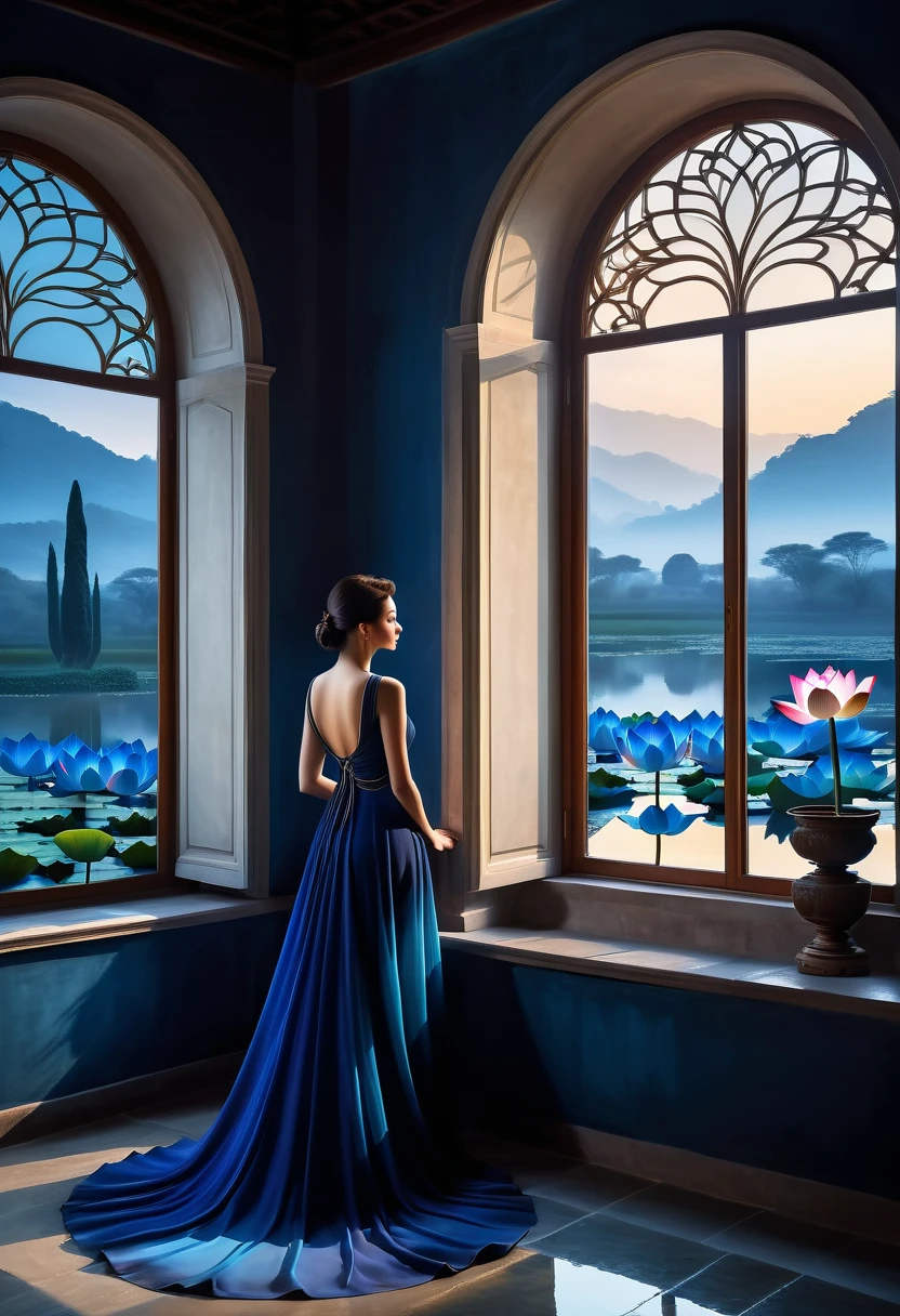 beautiful dark room,There is a big window, The scenery outside the window,(Looking out from the window:1.5),Roman style windows,An elegant woman wearing a blue gradient dress standing by the window. A large lotus pond outside the window, creating a surreal ambiance. Inspired by concept artist Mobius, The color has a strong contrast between light gray and dark navy blue, Create a sense of mystery.