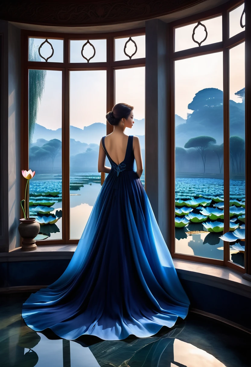 beautiful dark room,There is a big window, The scenery outside the window,(Looking out from the window:1.5),Roman style windows,An elegant woman wearing a blue gradient dress standing by the window. A large lotus pond outside the window, creating a surreal ambiance. Inspired by concept artist Mobius, The color has a strong contrast between light gray and dark navy blue, Create a sense of mystery.