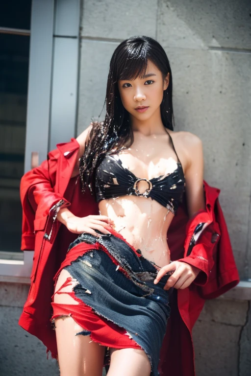 Japanese、Aki Hoshino、マーベル・コミック映画のposter, very beautiful, movies about spiderman, sexy, whole body, I'm wearing a skirt、premiere date, poster、belly buttonを突き出す、new york、she's wearing a torn spiderman suit,the suit is torn、wearing a skirt、 red and black color scheme,dynamic、masterpiece、highest quality、super detailed、very detailed、Detailed beautiful shine、超A high resolution、cinematic,tear,teardrop,(torn clothes:1.5), (wet clothes:1.4), bare shoulders,real rain,wet hair,belly button、exposing skin、sexyな肩を見せてる