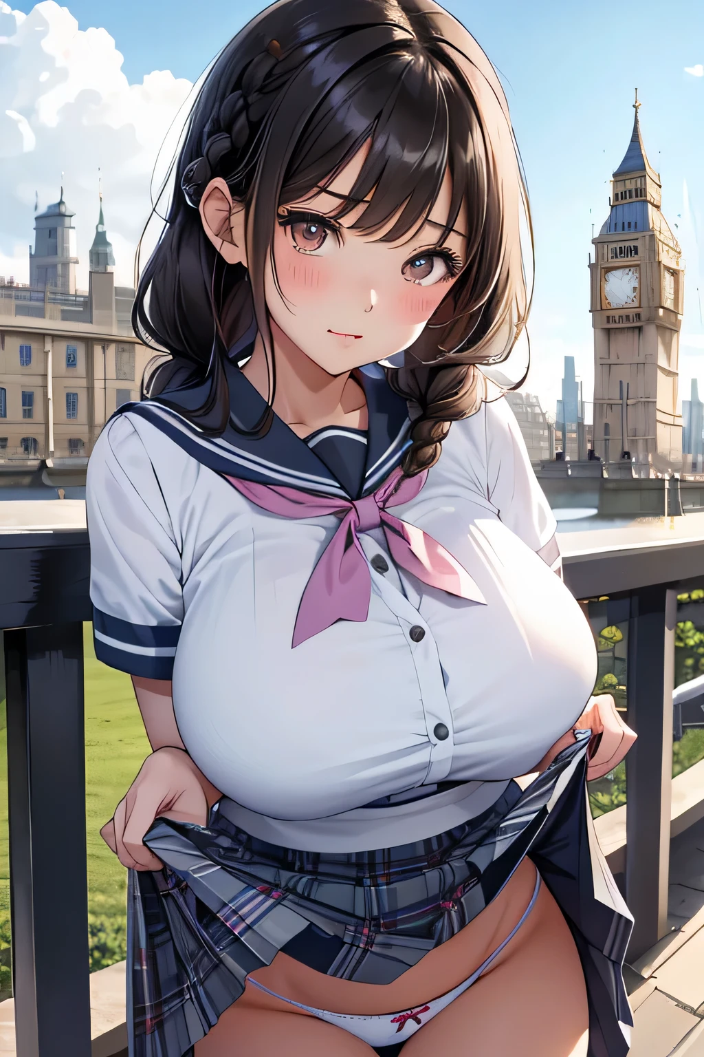 (highest quality:1.4)、High resolution、detailed background)、(detailed beautiful face:1.4)、detailed facial expressions、anatomically correct、beautiful and smooth skin、skin texture、professional lighting、beautiful age girl、(two beautiful girls:1.1)、(huge breasts:1.3)、((skirt lift:1.3))、cute hair color、brown hair、braided bob、braided ponytail、realistic、perfect body line、thick thighs、Attractive big ass、Sexual buttocks、cute、
Sexy sailor uniform made of see-through material、white sailor collar、Pleated mini skirt with tartan plaid pattern、white knee high socks、pink panties、No bra、underboob、emphasize cleavage、

(A beautiful girl is glaring at me with white eyes.:1.5)、(She flips up her skirt to show her panties:1.5)、panty shot、Panty shot、
sexual expression、school trip、Crouching with a building or landscape in the background、big ben、Tower of London、British Museum、Buckingham Palace、cute
