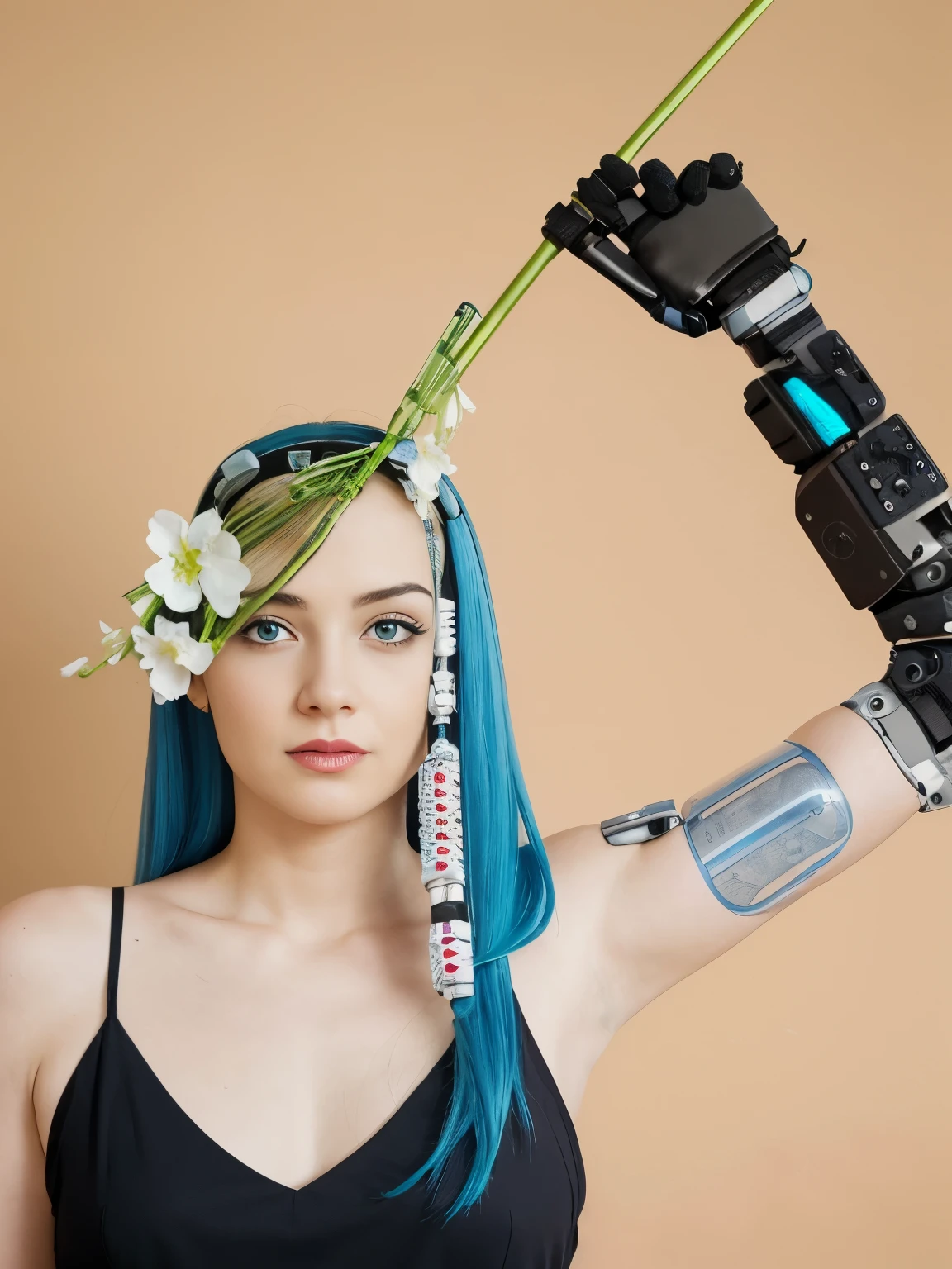 Aalfid woman,blue hair,粉色和blue hair,holding a flower in hand, Kind girl with flowers, White arms and eyes, prosthetic limb, prosthesis, wearing bionic implants, wearing epic bionic implants, With robotic arm, cyberpunk flowerpunk, bionics, Left Arm, robotic prosthesis, robotic prosthetic limb, prosthesis, bionic implants