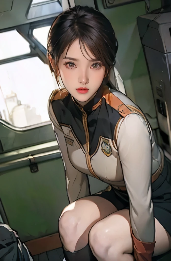 1 girl、Earth Federation Operator Girl Soldier、black short hair、Idol level cuteness、Baby face and young appearance、Operator intercom attached to head、accurately drawn face、thin、A healthy knee-high skirt-style Earth Federation uniform、knee high、Inside the bridge of a battleship、shot at low angle、anatomically correct、precise fingers、Accurate Lymbuster Pieces、Photorealization