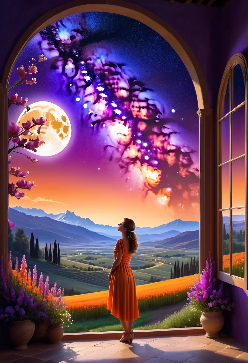 Windows in Roman architectural style,Girl standing by the window,The scenery outside the window,Looking out from the window,vast landscape photos, (A view of the sky and the wilderness below), Standing in the flower field and looking up, (full moon: 1.2), (meteor: 0.9), (nebula: 1.3), distant mountains, The art of tree folding, (Warm light source: 1.2), (firefly: 1.2), lamp, purple and orange, intricate details, Volumetric lightingBREAK (masterpiece: 1.2), (best quality ), 4K, Super detailed, (Dynamic configuration: 1.4), Highly detailed and colorful details (iridescent: 1.2), (sparkling lights, mood lighting), fantastic, magic, (alone: 1.2)