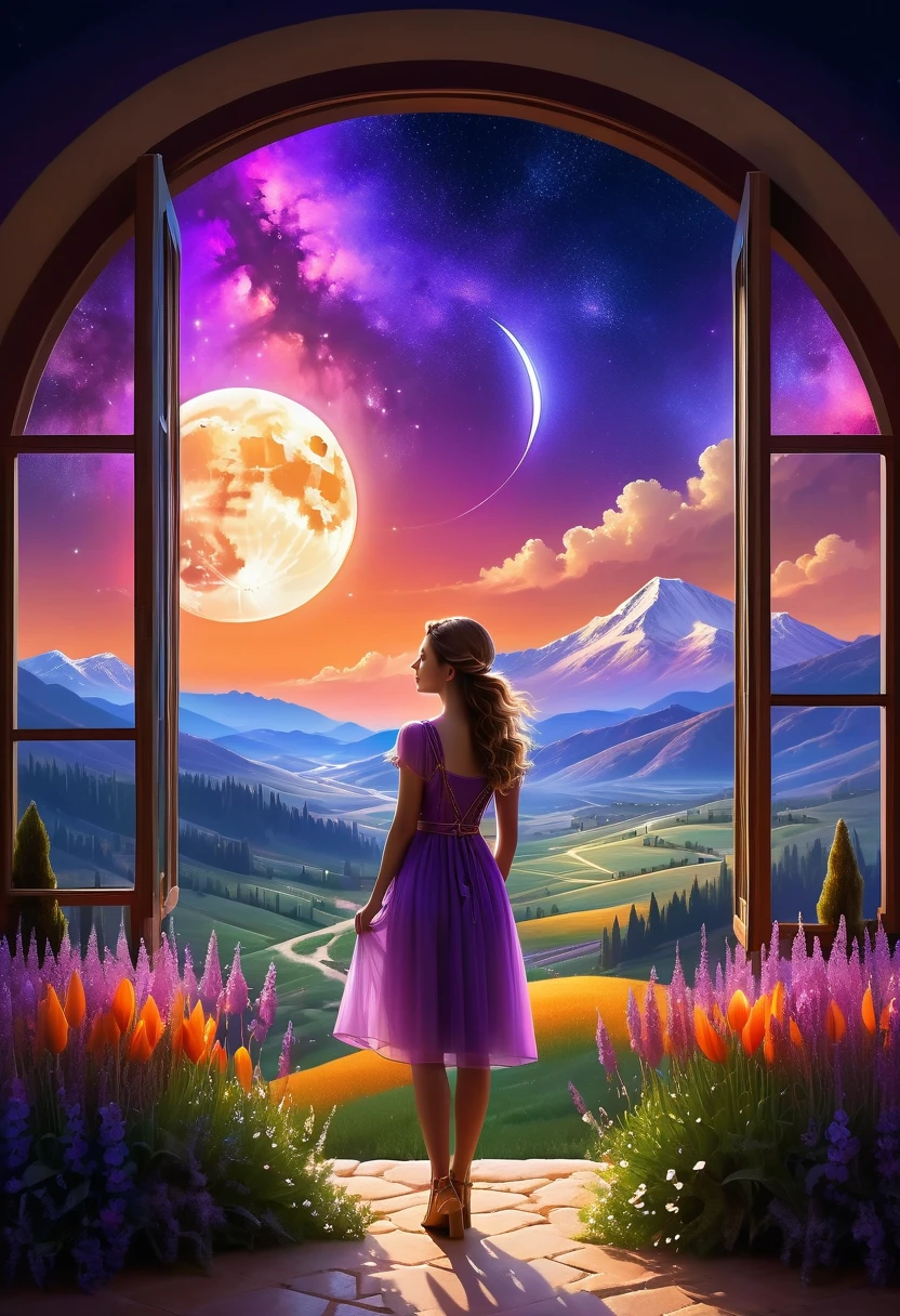  Windows in Roman architectural style，Girl standing by the window，The scenery outside the window，Looking out from the window，vast landscape photos, (A view of the sky and the wilderness below), Standing in the flower field and looking up, (full moon: 1.2), (meteor: 0.9), (nebula: 1.3), distant mountains, The art of tree folding, (Warm light source: 1.2), (firefly: 1.2), lamp, purple and orange, intricate details, Volumetric lightingBREAK (masterpiece: 1.2), (best quality ), 4K, Super detailed, (Dynamic configuration: 1.4), Highly detailed and colorful details (iridescent: 1.2), (sparkling lights, mood lighting), fantastic, magic, (alone: 1.2)