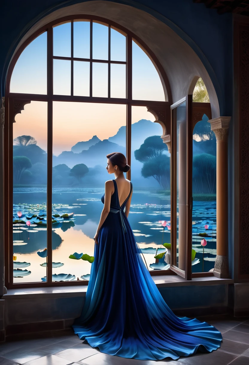beautiful dark room,There is a big window, The scenery outside the window,(Looking out from the window:1.5),Roman style windows,An elegant woman wearing a blue gradient dress standing by the window. A large lotus pond outside the window, creating a surreal ambiance. Inspired by concept artist Mobius, The color has a strong contrast between light gray and dark navy blue, Create a sense of mystery.