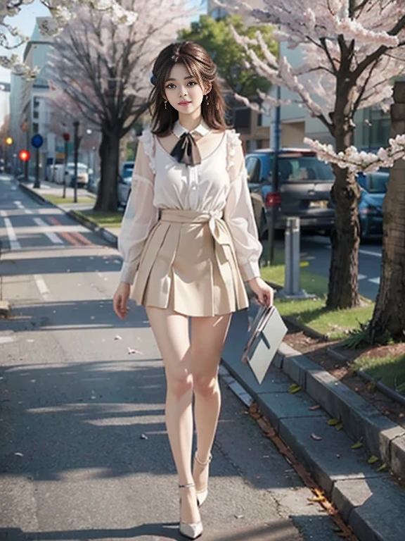 ((whole body)), ((from the front)), ((Walking figure)), ((realistic)), 1 girl, looking at viewer, detailed scene, Curly hair, air bang, beautiful hair accessories, brownish yellow hair, ((white colored blouse, short black tight skirt, neck bow tie, high heel)), (Campus Style), warm lighting, warm color palette, More details, very detailed, (masterpiece, best quality), (Very detailed and beautiful work), delicate earrings, delicate necklace, simple blurred background, extreme detail description, Ultra-fine painting, delicate face, slim body, (smile, tooth exposure), (anatomy correct), tight dress, cherry blossom road with river, Walking figure, stockings