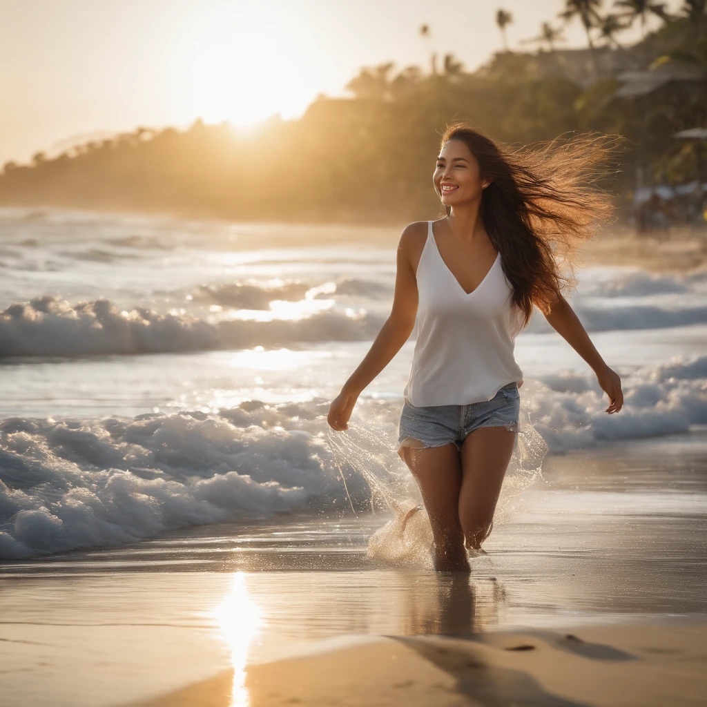 phototografi of realistic beautiful a indonesian happy woman with long hair walking on a kuta beach. she is wearing a white t-shirt that was splashed water droplets were visible. background Kuta beach bali indonesia, gambar full HD 4, Hyperrealism, Realistic lighting, Highly detailed, 8k, Nature photography, HD photography, Beautiful landscape, Realistic and natural beach, Hyperrealism, Realistic lighting, Highly detailed, 8k, Nature photography, HD photography, Beautiful landscape, Realistic and naturalHyperrealism, Realistic lighting, Highly detailed, 8k, Nature photography, HD photography, Beautiful landscape, Realistic and natural