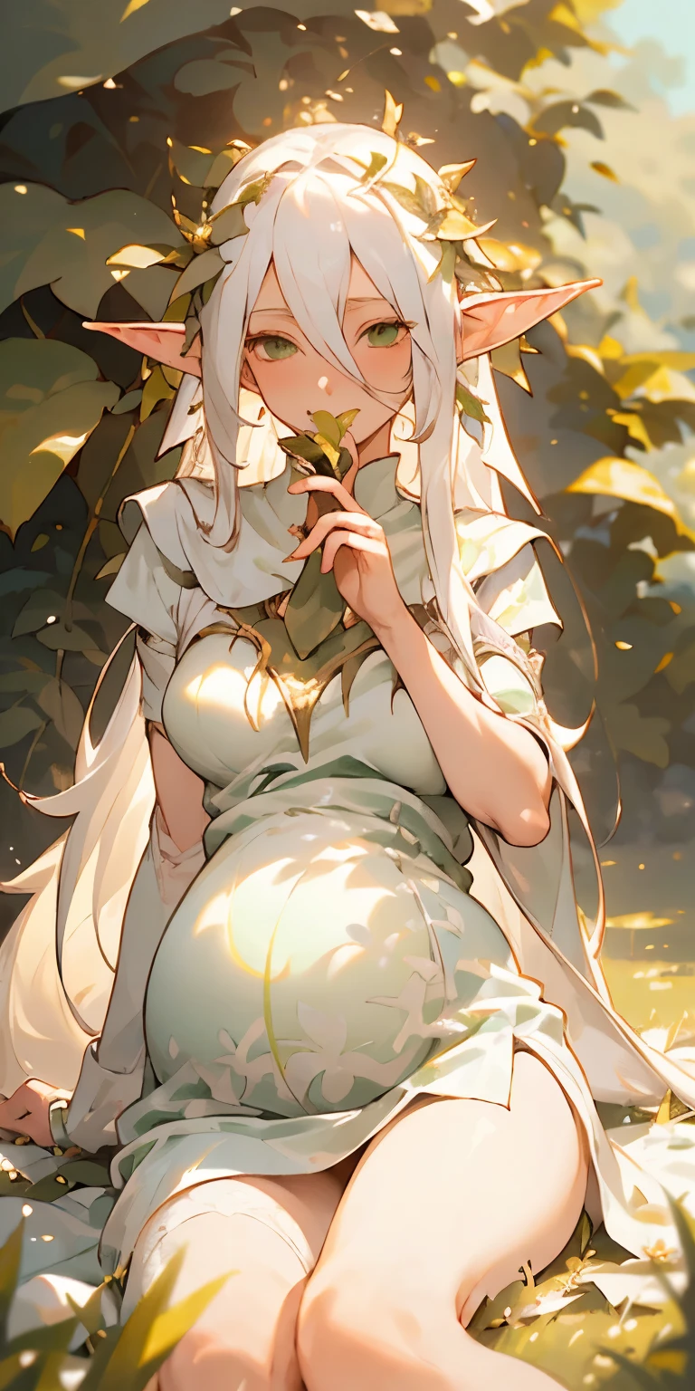 (masterpiece, best quality),1girl with long white hair sitting in a field of green plants and flowers, her hand under her chin, warm lighting, white dress, blurry foreground, pregnancy