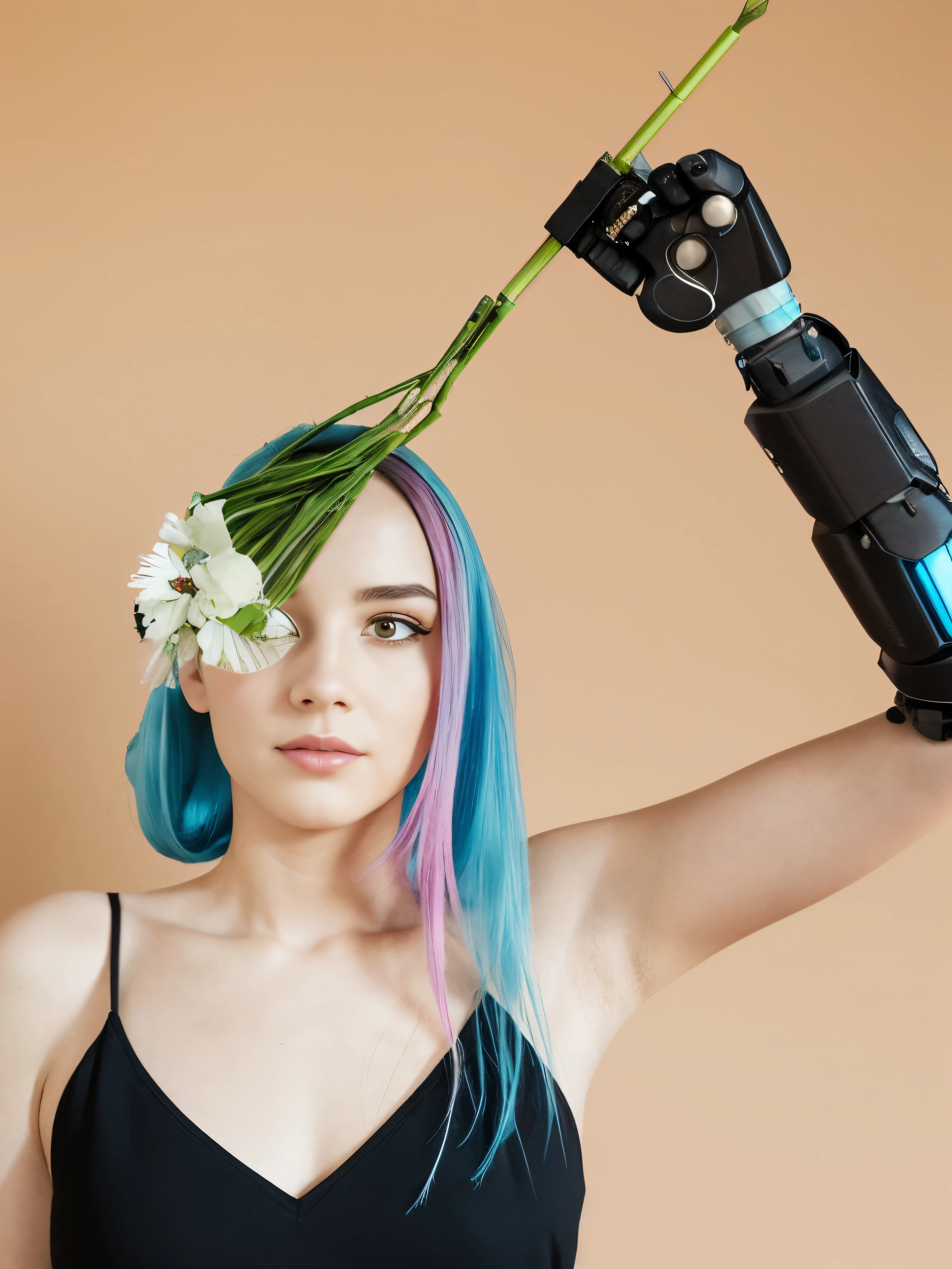 Aalfid woman，blue hair，Pink and blue hair，holding a flower in hand, Kind girl with flowers, White arms and eyes, prosthetic limb, prosthesis, wearing bionic implants, wearing epic bionic implants, With robotic arm, cyberpunk flowerpunk, bionics, Left Arm, robotic prosthesis, robotic prosthetic limb, prosthesis, bionic implants